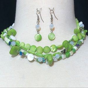 Lime Green Sea Shell Layered Necklace Earrings Set